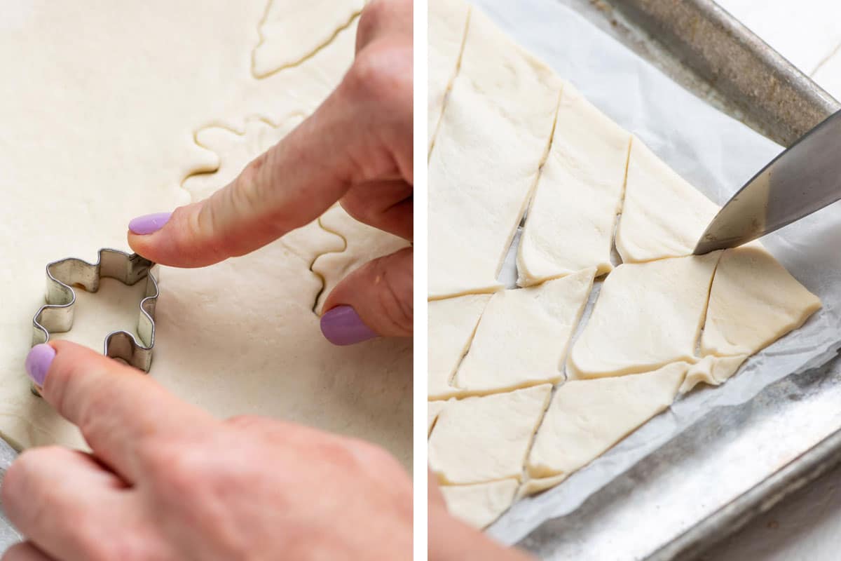 Woman cutting puff pastry with leaf cookie cutter and knife.
