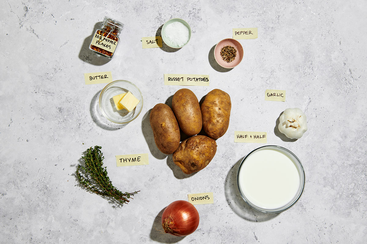 Potatoes, half-and-half, and other ingredients for scalloped potatoes.