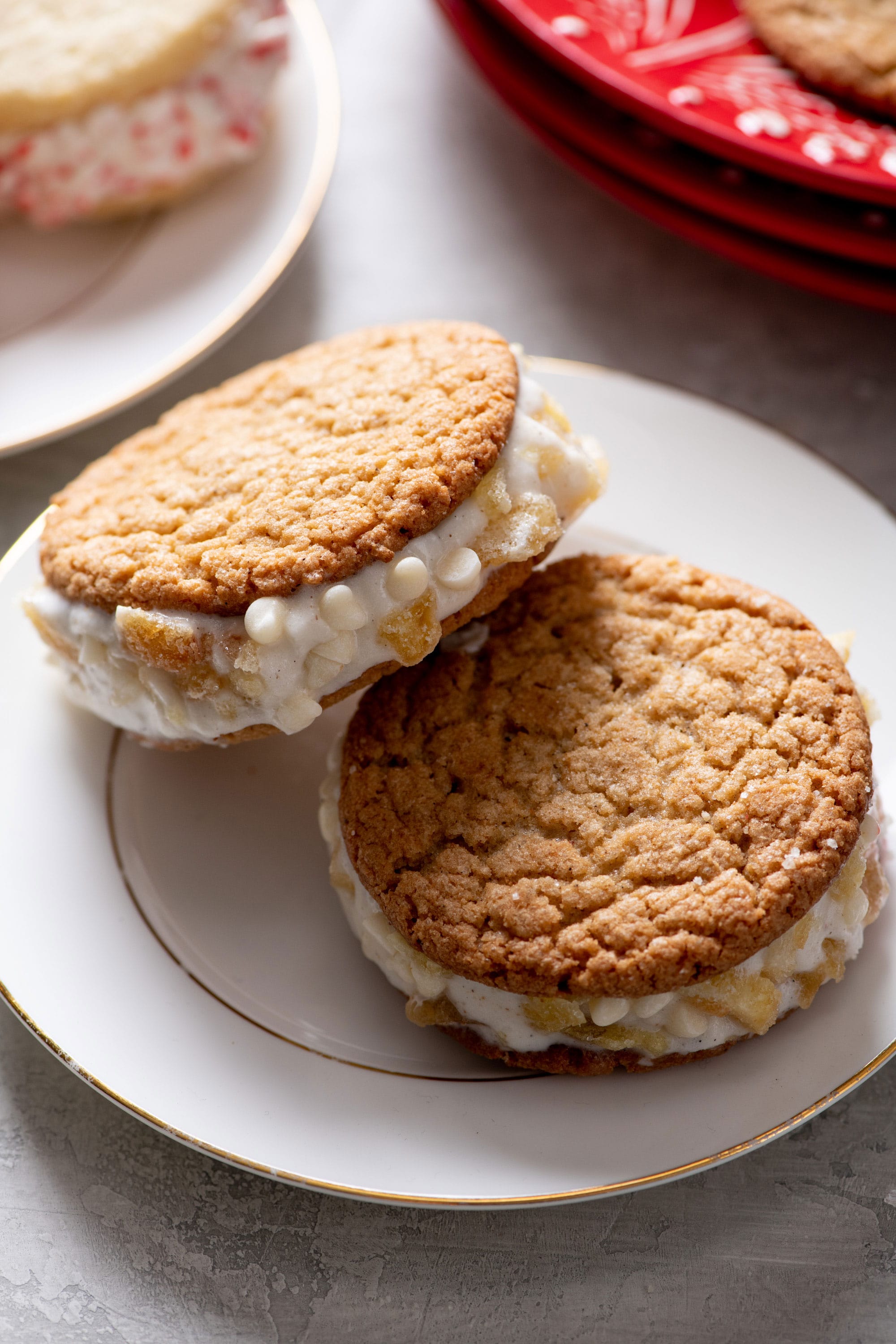 Two ice cream sandwiches on a plate.