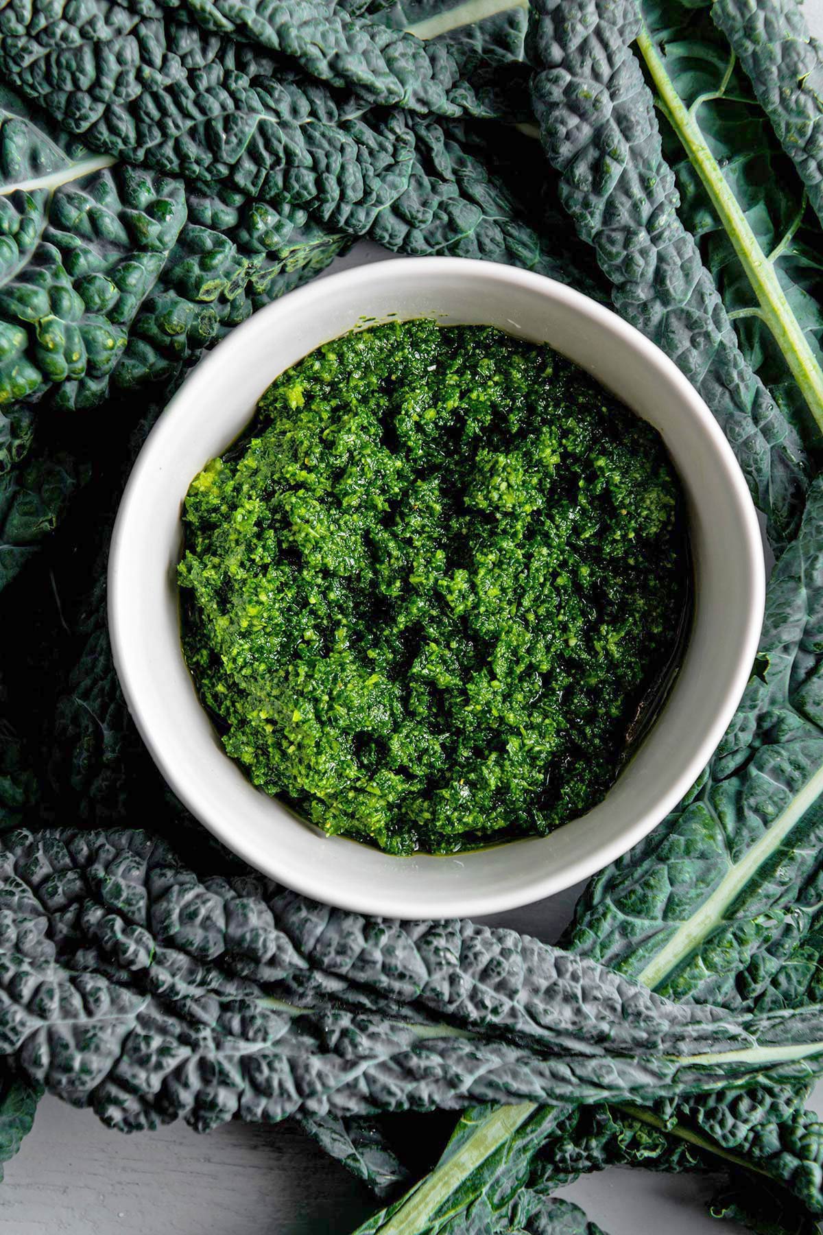 Bowl of Kale Pesto surrounded by kale leaves.