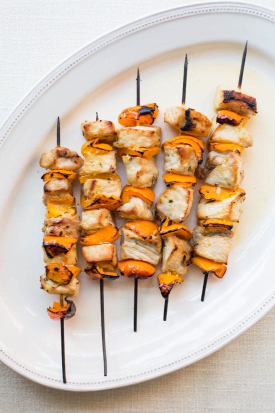 Mustard and Maple Pork Kebabs on a serving platter.