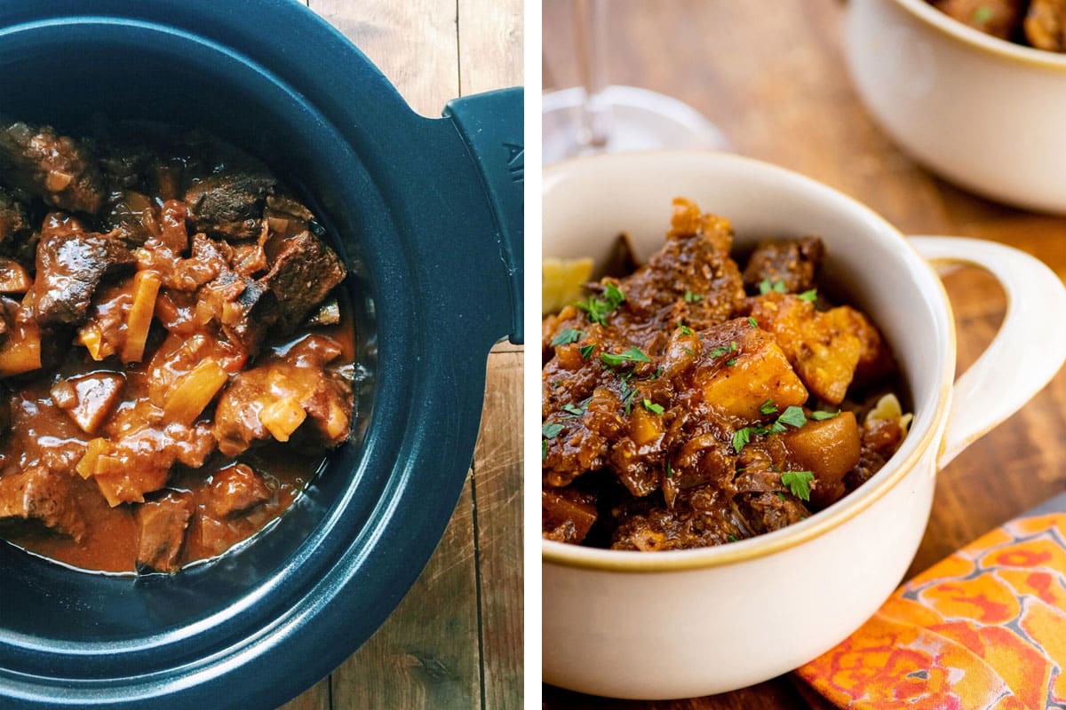 Making beef stew in the crockpot and serving in bowl.