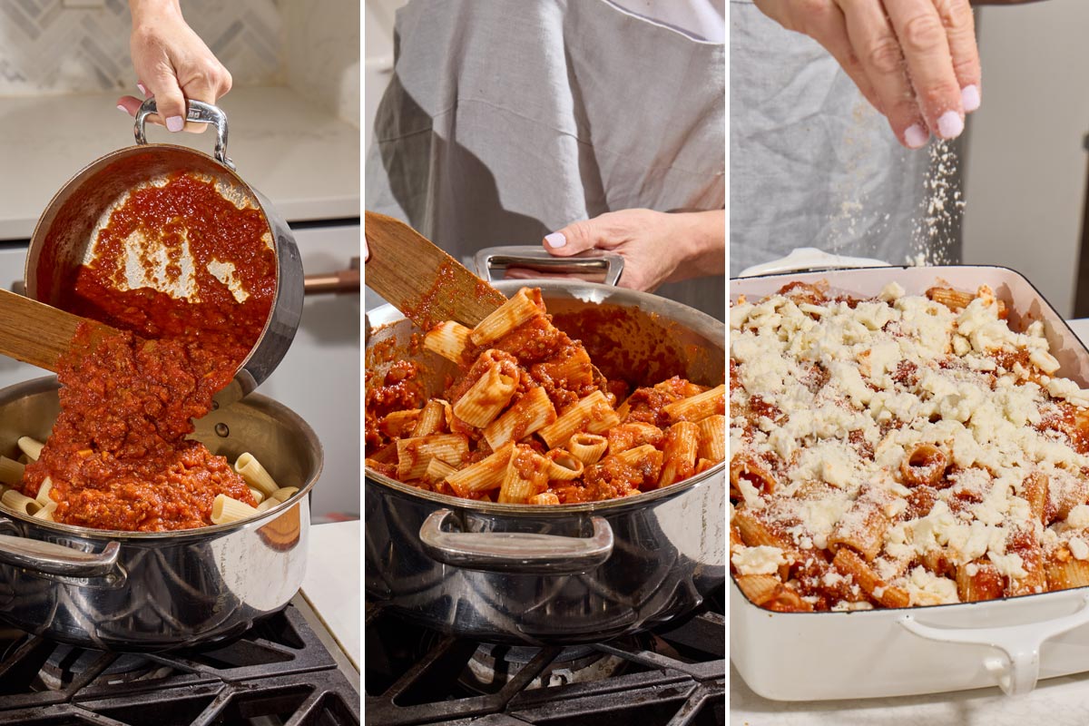 Mixing Bolognese sauce with pasta and topping with mozzarella in casserole dish.