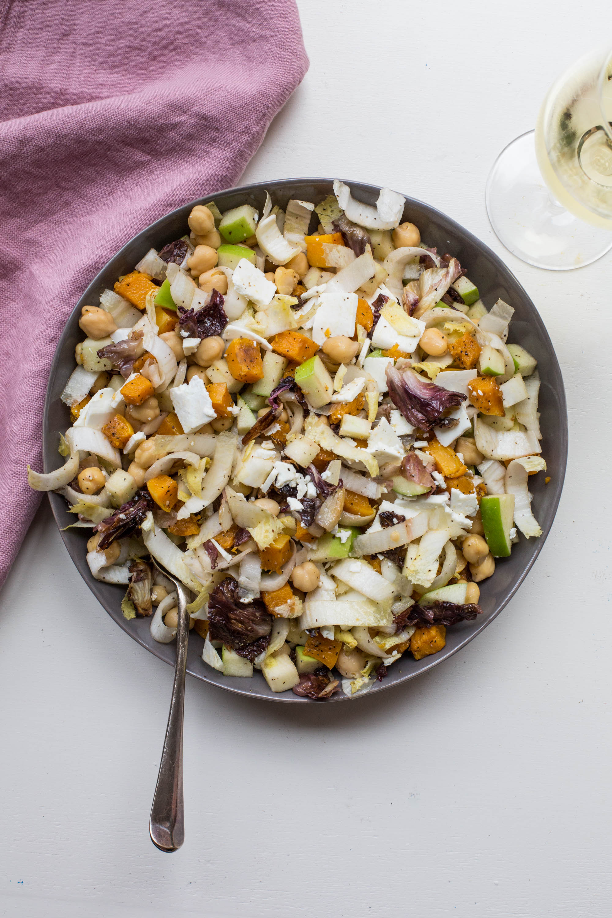 Large, grey serving bowl of Chopped Winter Salad.