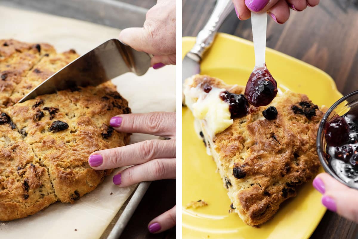 Woman slicing freshly baked cherry scones and serving with jam.