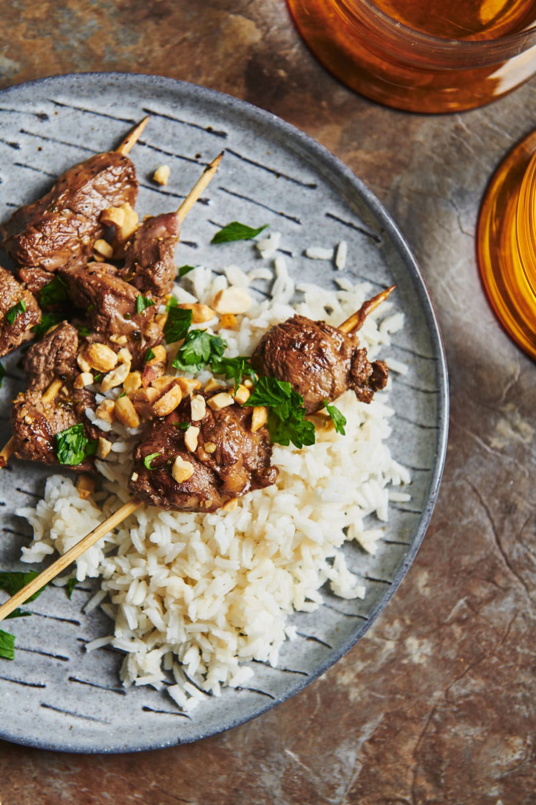 Plate of rice and Lamb Satay.