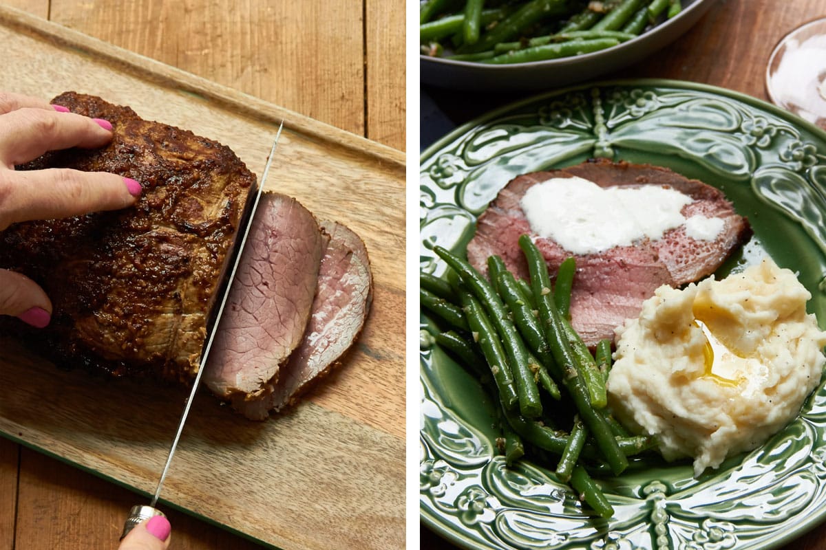 Slicing Dijon mustard-crusted roast beef and serving with green beans and mashed potatoes.