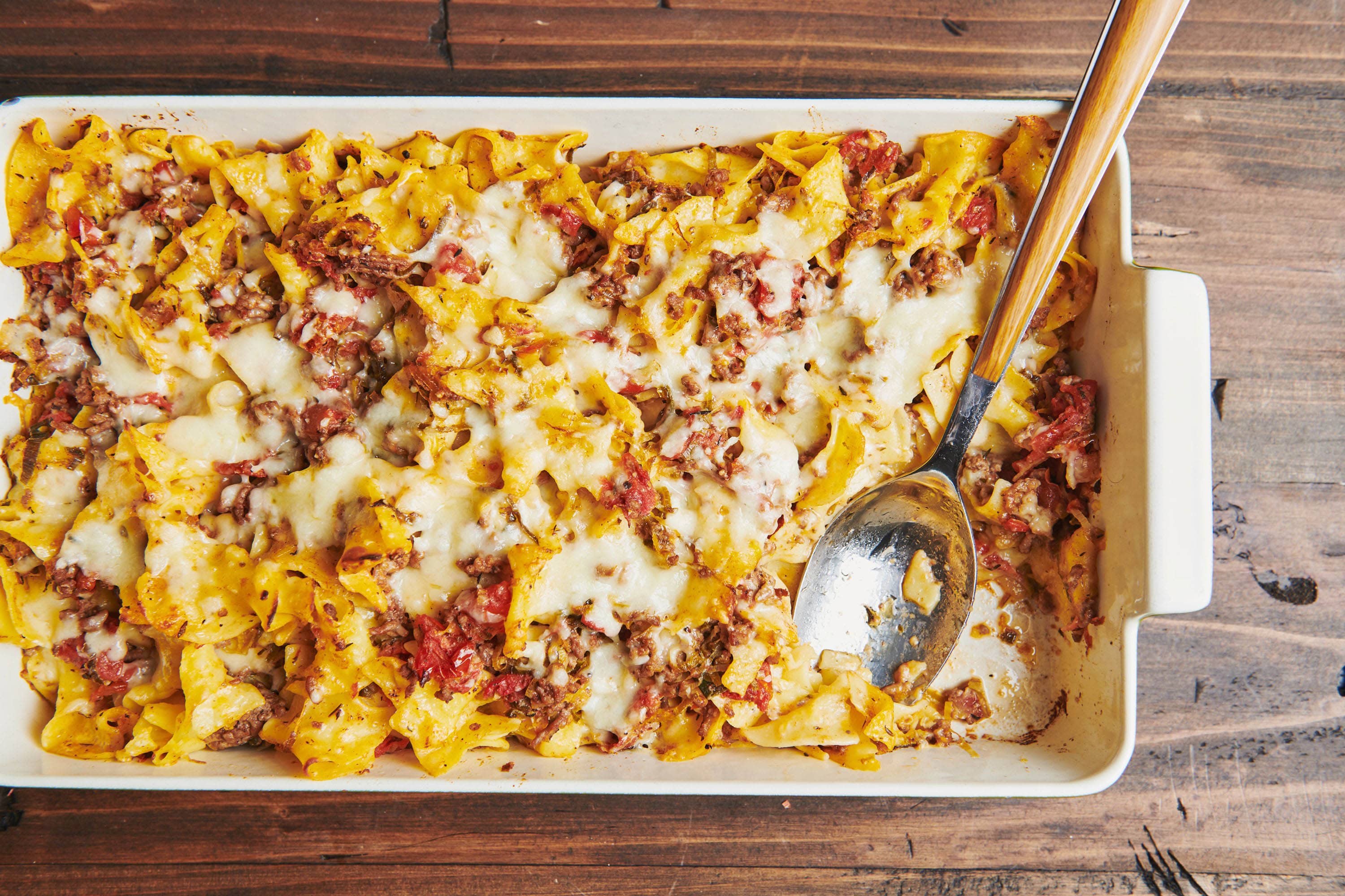 Beef and Three Cheese Noodle Casserole in a baking dish.