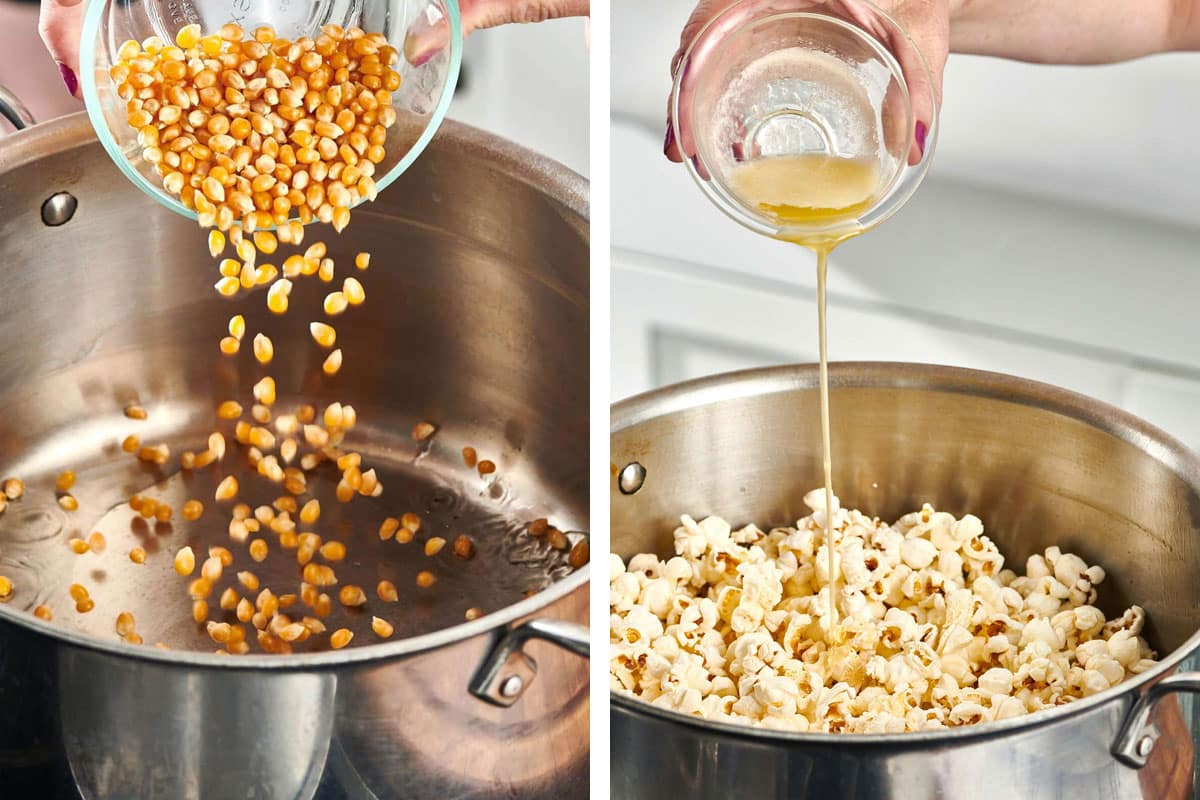 Woman making buttered popcorn in pot on the stove.