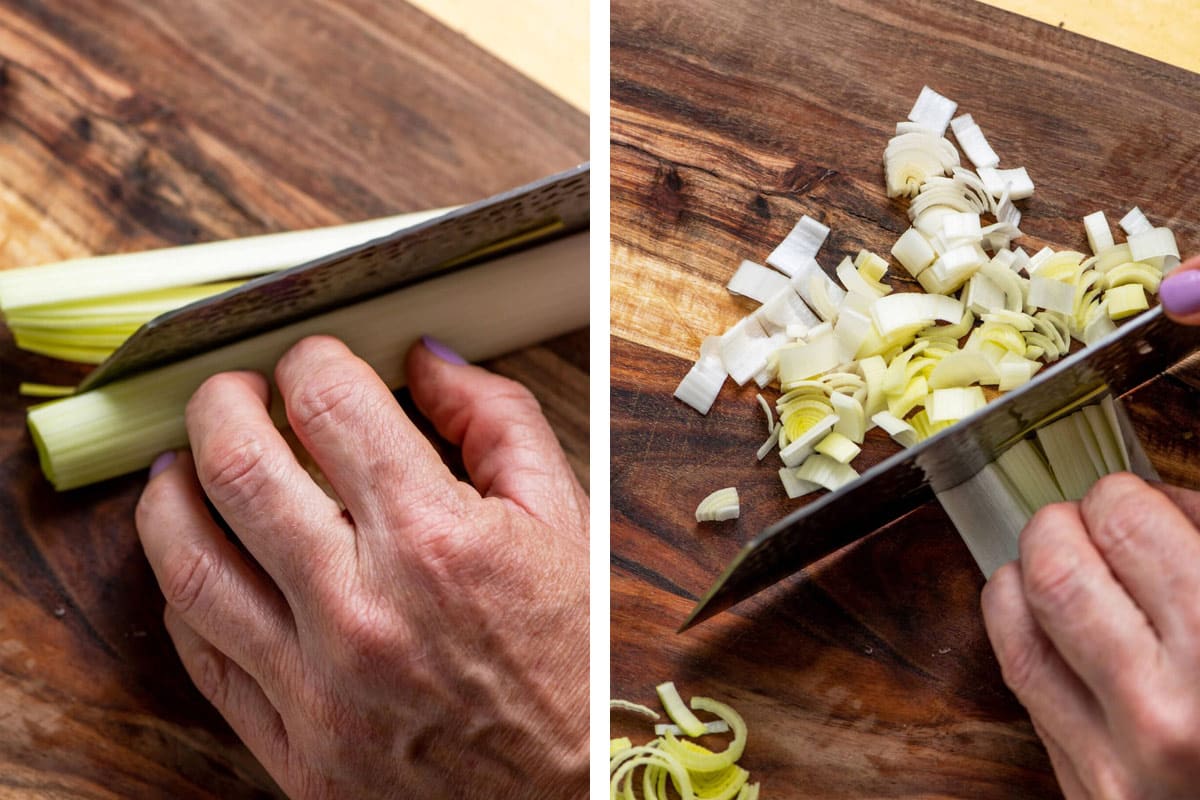 Dicing fresh leeks on cutting board.