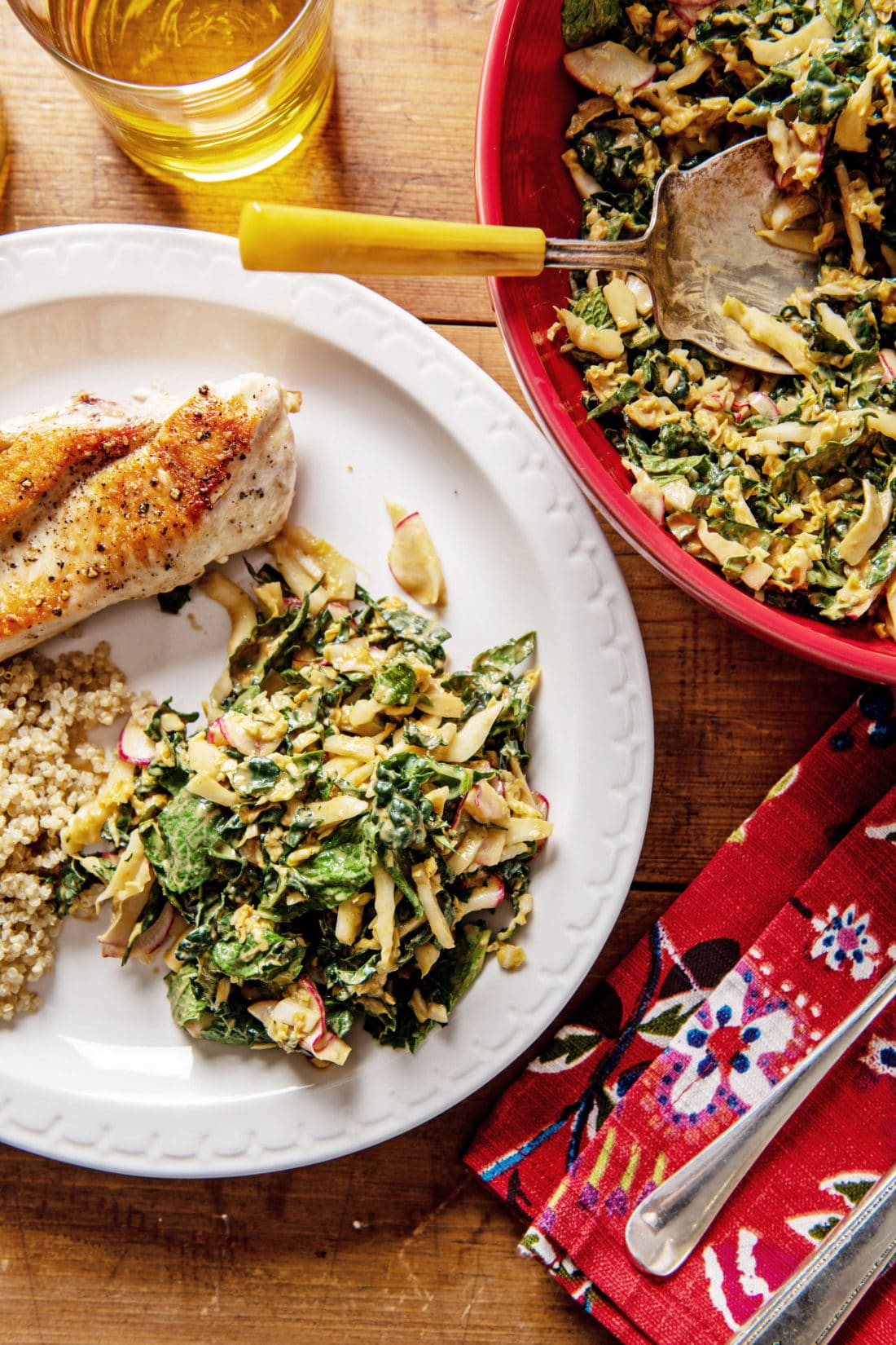 Plate with Kale, Cabbage and Mint Salad with Peanut Dressing, grains, and chicken.