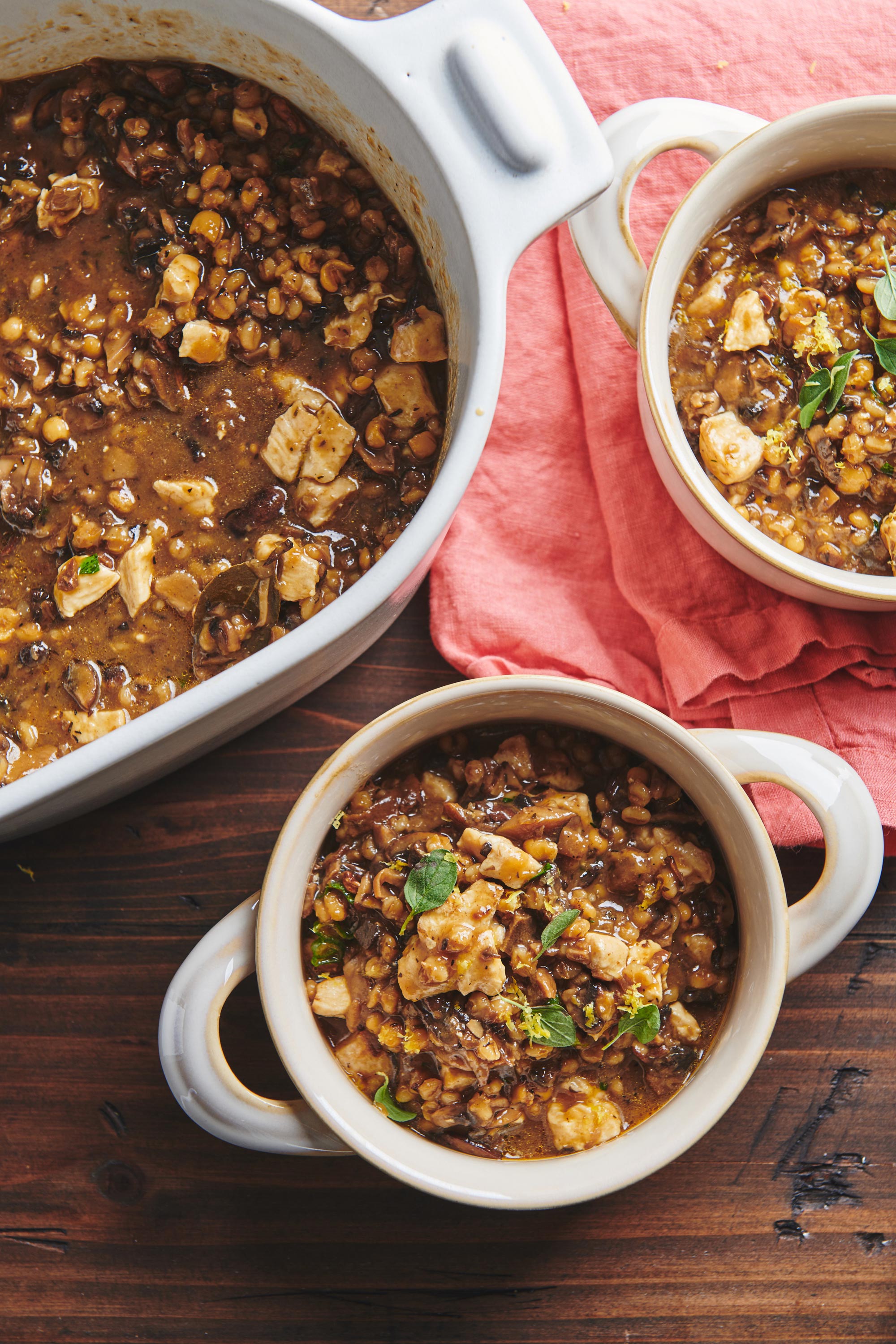 Lemony Chicken, Barley and Shiitake Mushroom Soup in crocks and serving dish.