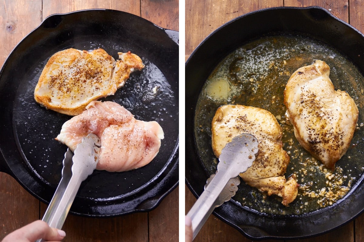 Searing flattened chicken breasts in cast-iron pan.