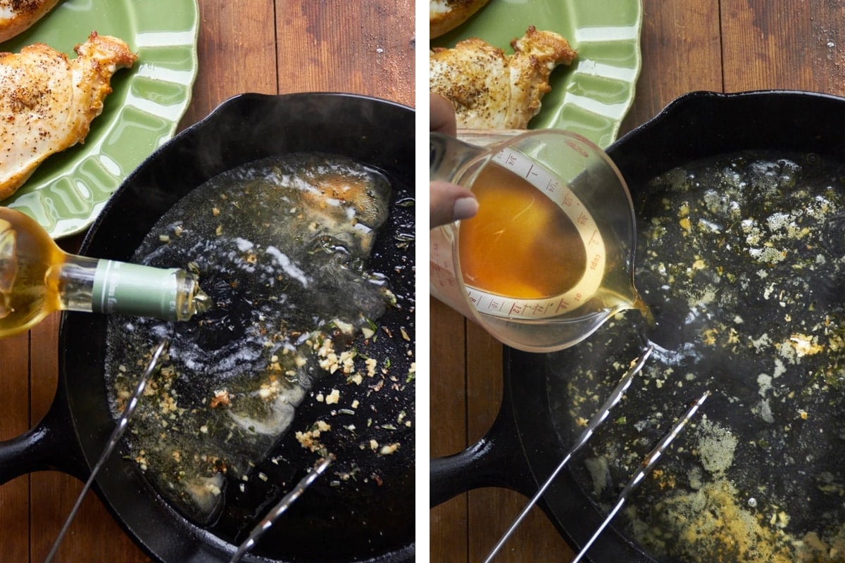 Adding white wine and chicken broth to pan sauce in cast-iron pan.