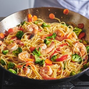 Wok filled with colorful Shrimp Lo Mein.