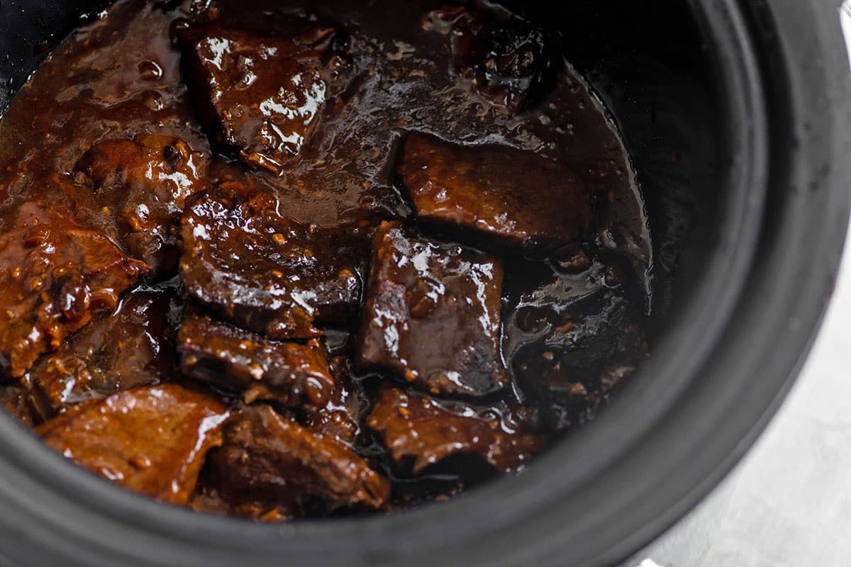 Teriyaki beef tips in slow cooker.
