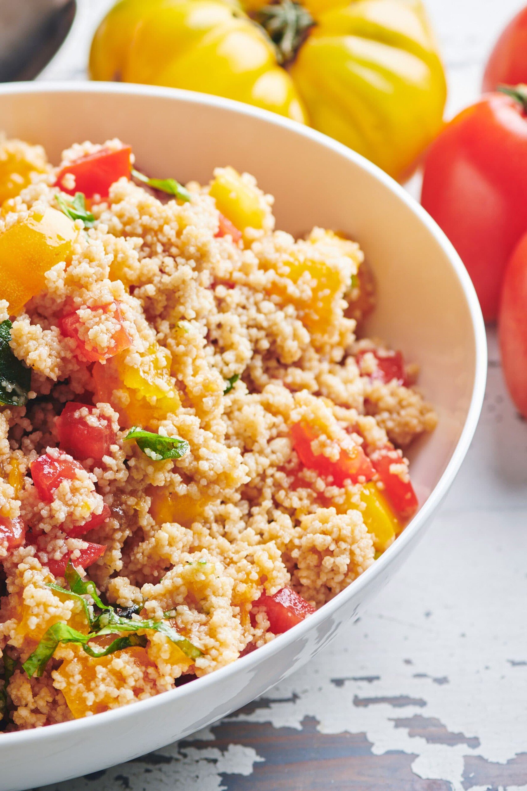 Tomato Bruschetta Couscous piled high in a bowl.