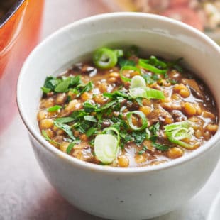Bowl of Mushroom Barley Soup topped with green onions.