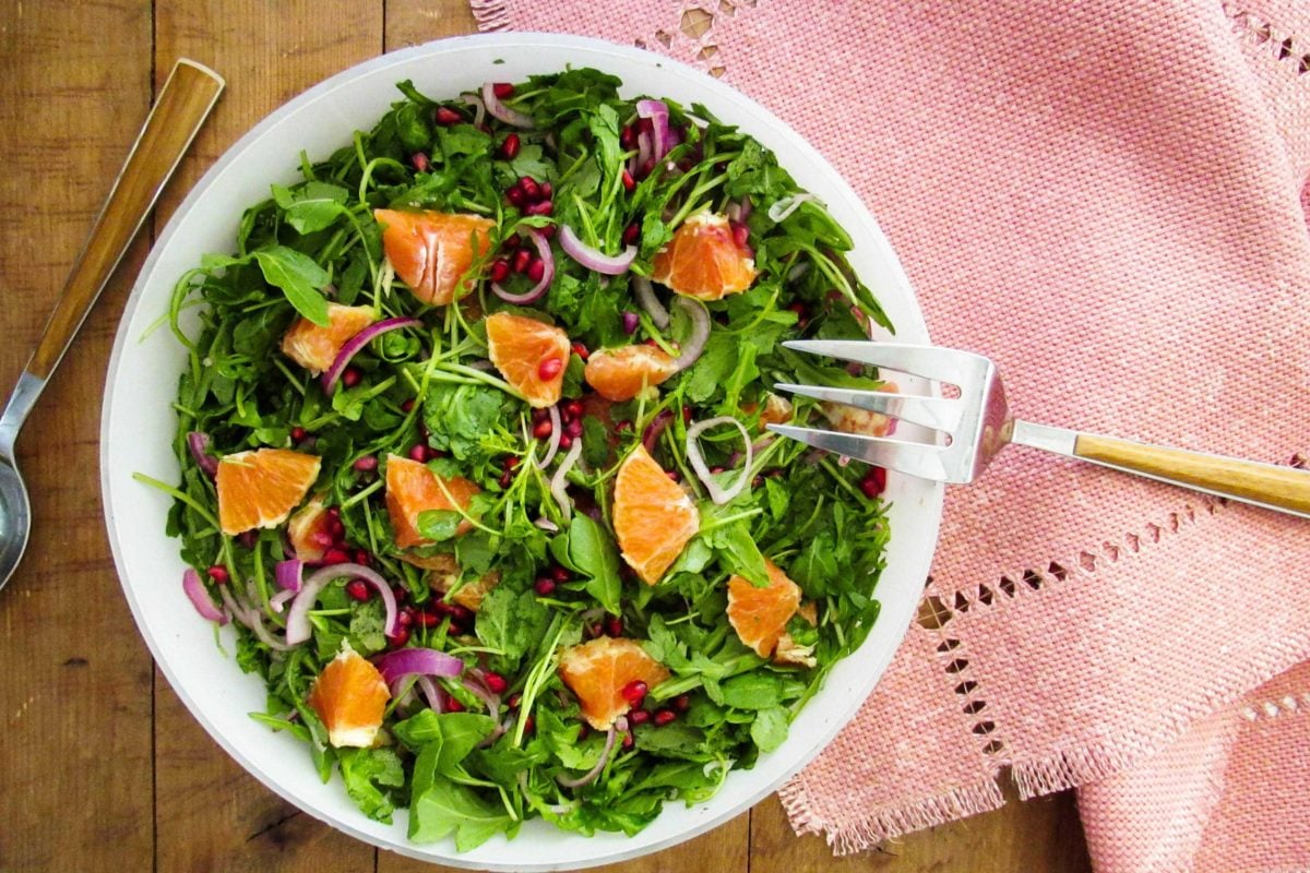 Arugula, Red Onion, Orange and Pomegranate Seed Salad with Lemon Vinaigrette