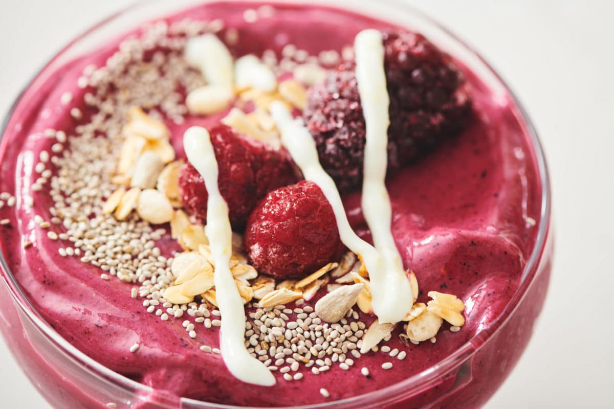 Close up of Beet Berry Smoothie Bowl