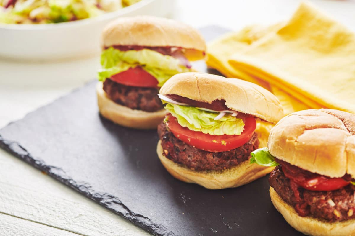 Line of Chipotle Beef Burgers.