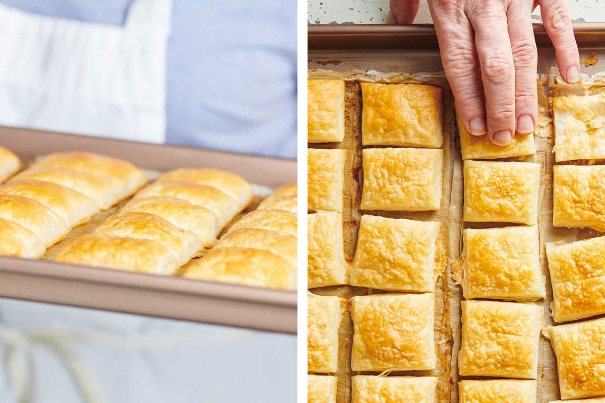 Pulling baked puff pastry squares from oven and flattening with hands.