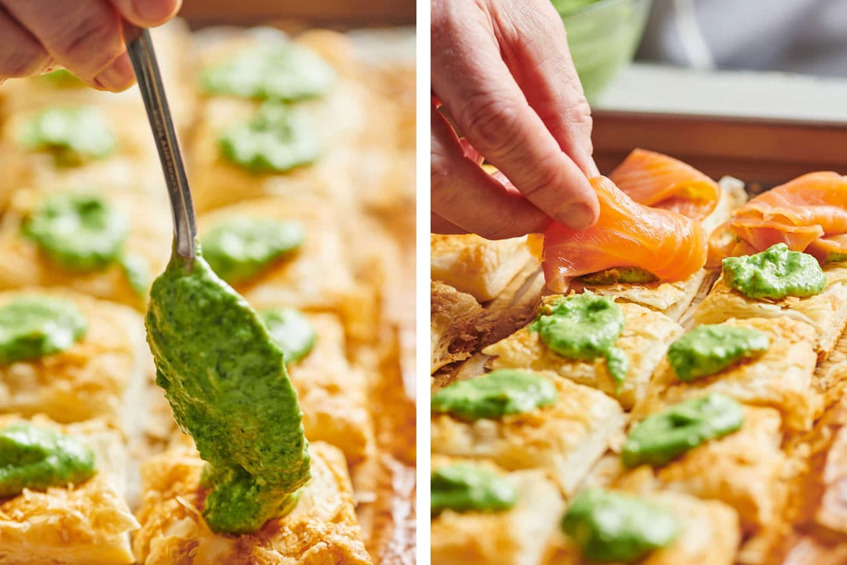 Topping puff pastry with creme fraiche and pesto and thin slice of smoked salmon.