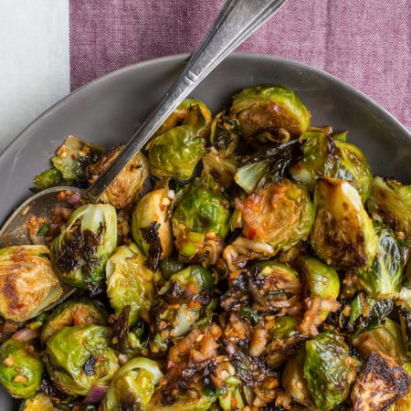 Spicy Roasted Brussels Sprouts with Kimchi Dressing