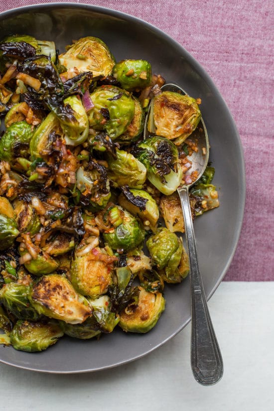 Spicy Roasted Brussels Sprouts with Kimchi Dressing