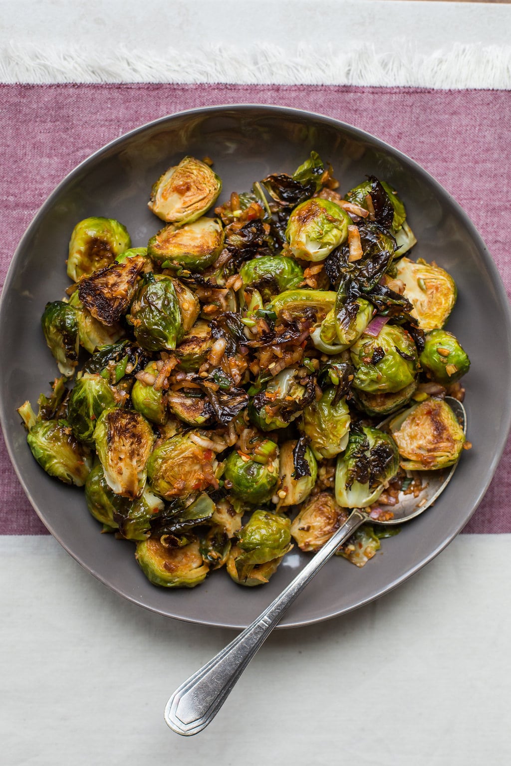 Spicy Roasted Brussels Sprouts with Kimchi Dressing.