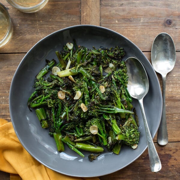 Broccolini Strascinati (“Dragged” Broccoli) on grey plate.