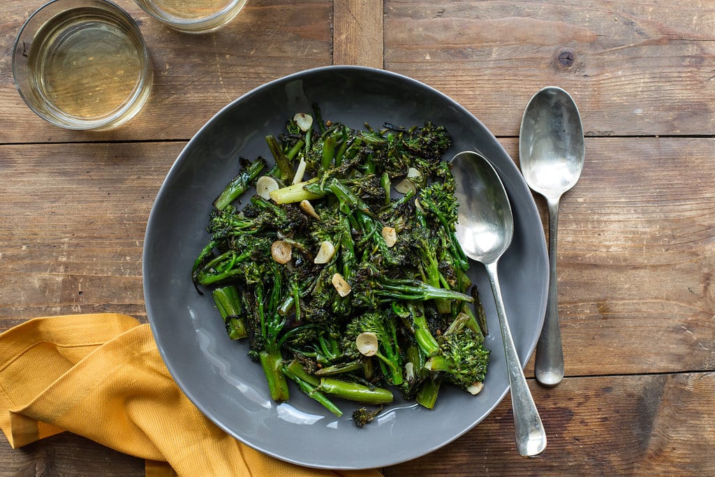 Broccolini Strascinati (“Dragged” Broccoli) on grey plate.