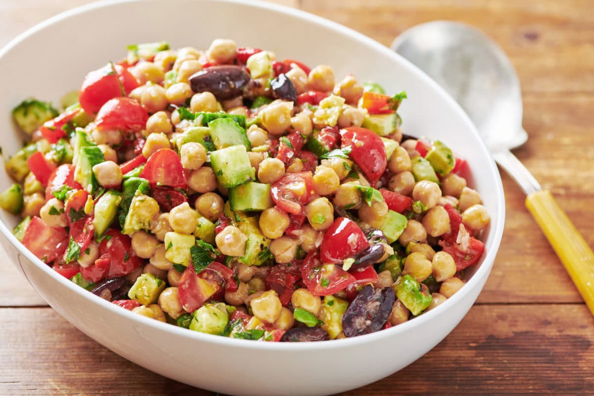 White bowl of chickpea salad.