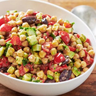 White bowl of chickpea salad.