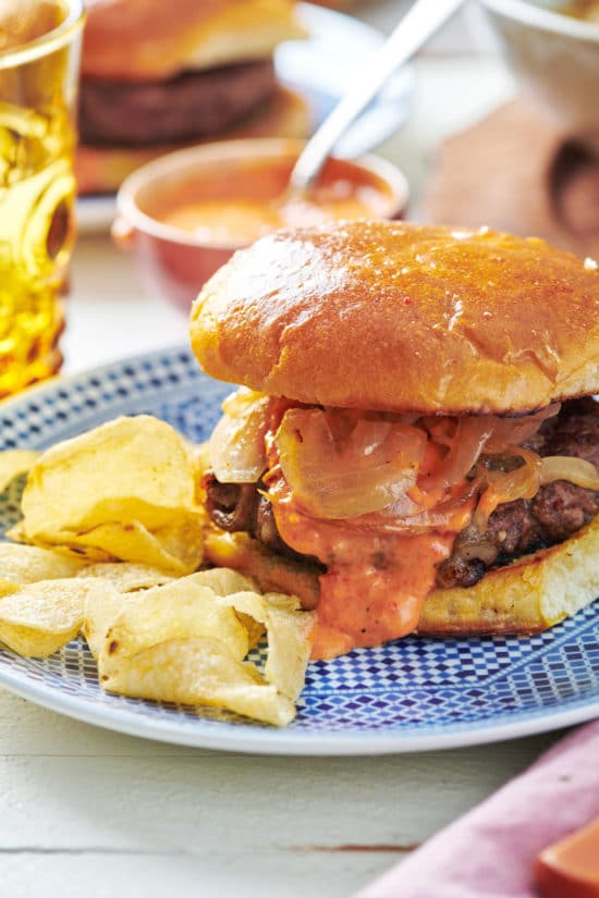 Spanish Lamb Burgers with Romesco Sauce and Caramelized Onions