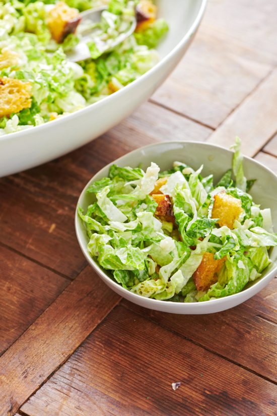 Small bowl of Caesar Salad with Garlicky Croutons.