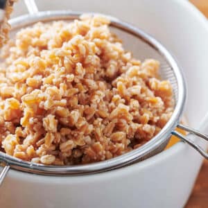 Cooked farro in metal strainer draining over bowl.