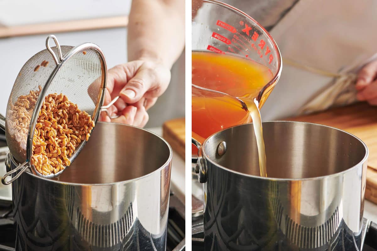 Woman adding uncooked farro and broth to pot on stove.