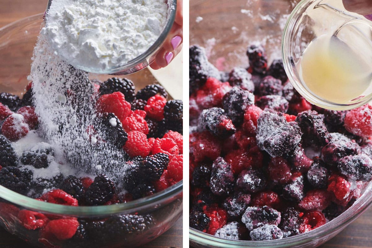 Sprinkling sugar over blackberries and raspberries and lemon juice in bowl.