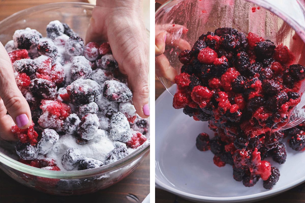 Tossing berries for a cobbler and pouring into dish.