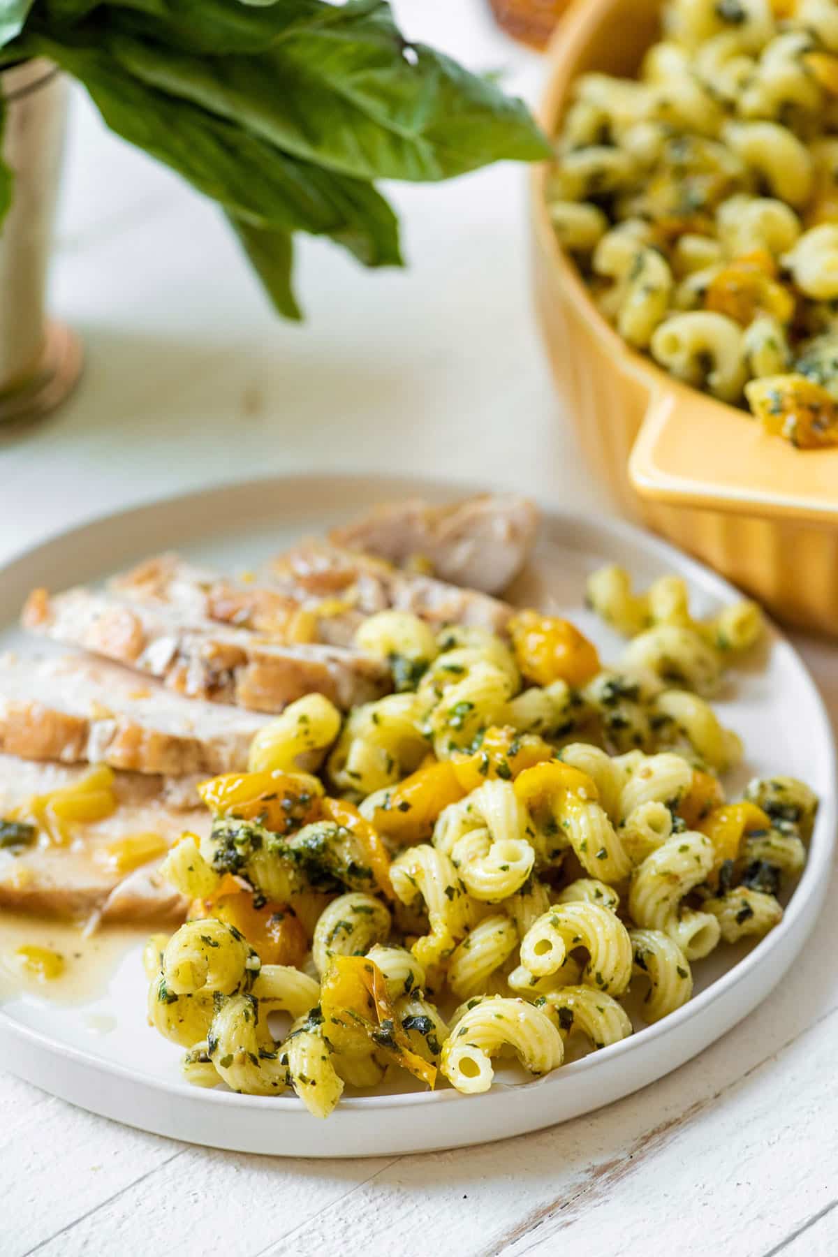 Cavatappi with Roasted Cherry Tomatoes and Pesto on white plate.