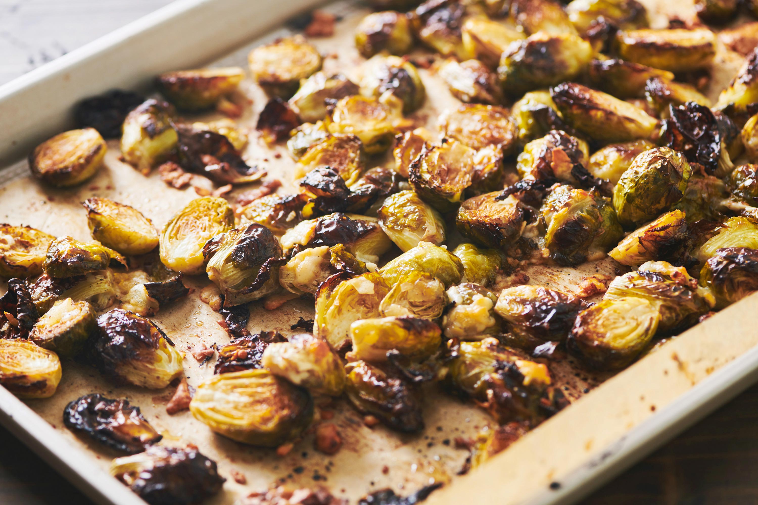 Lined baking sheet of Parmesan Roasted Brussels Sprouts.