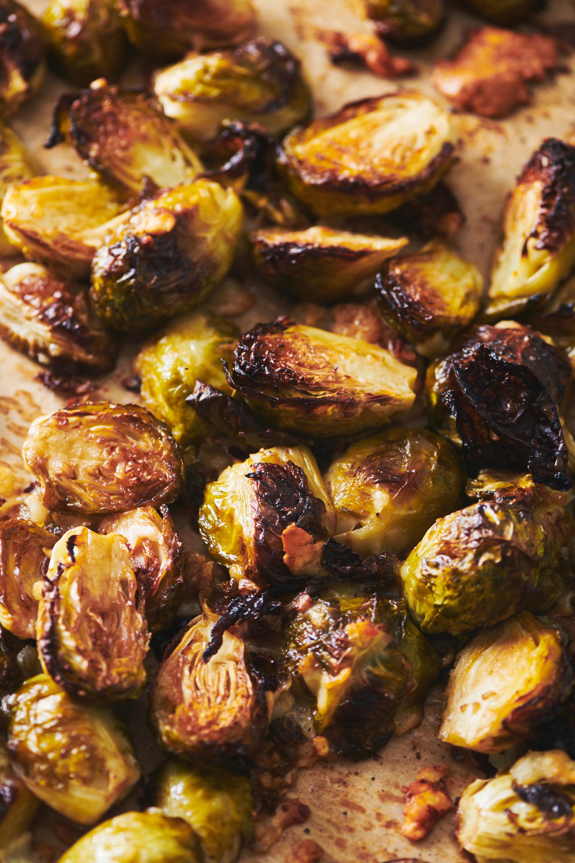 Parmesan Brussels Sprouts on a baking tray.