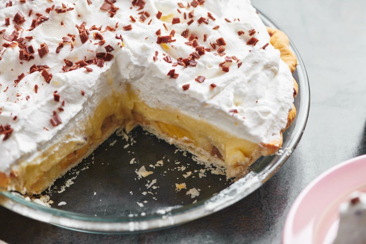 Banana Cream Pie missing a slice.