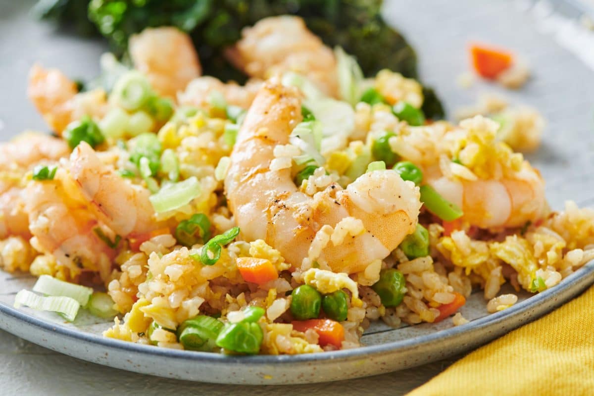 Shrimp Fried Rice with carrots, peas, and scallions.