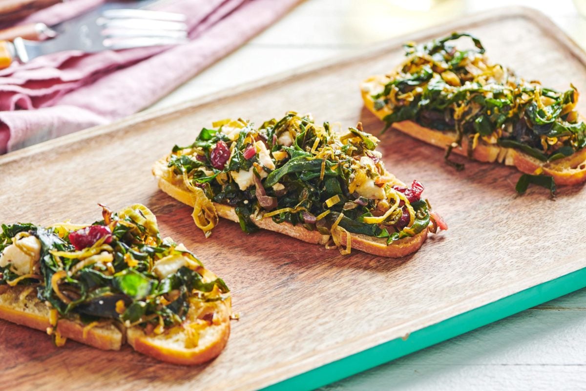 Swiss Chard, Leek and Feta Bruschetta