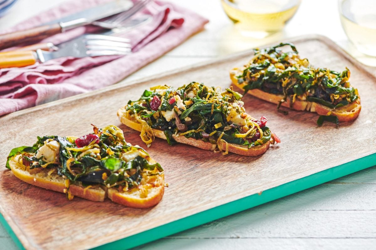 Swiss Chard, Leek and Feta Bruschetta