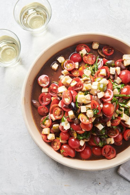 Large bowl of Tomato Mozzarella and Basil Salad.