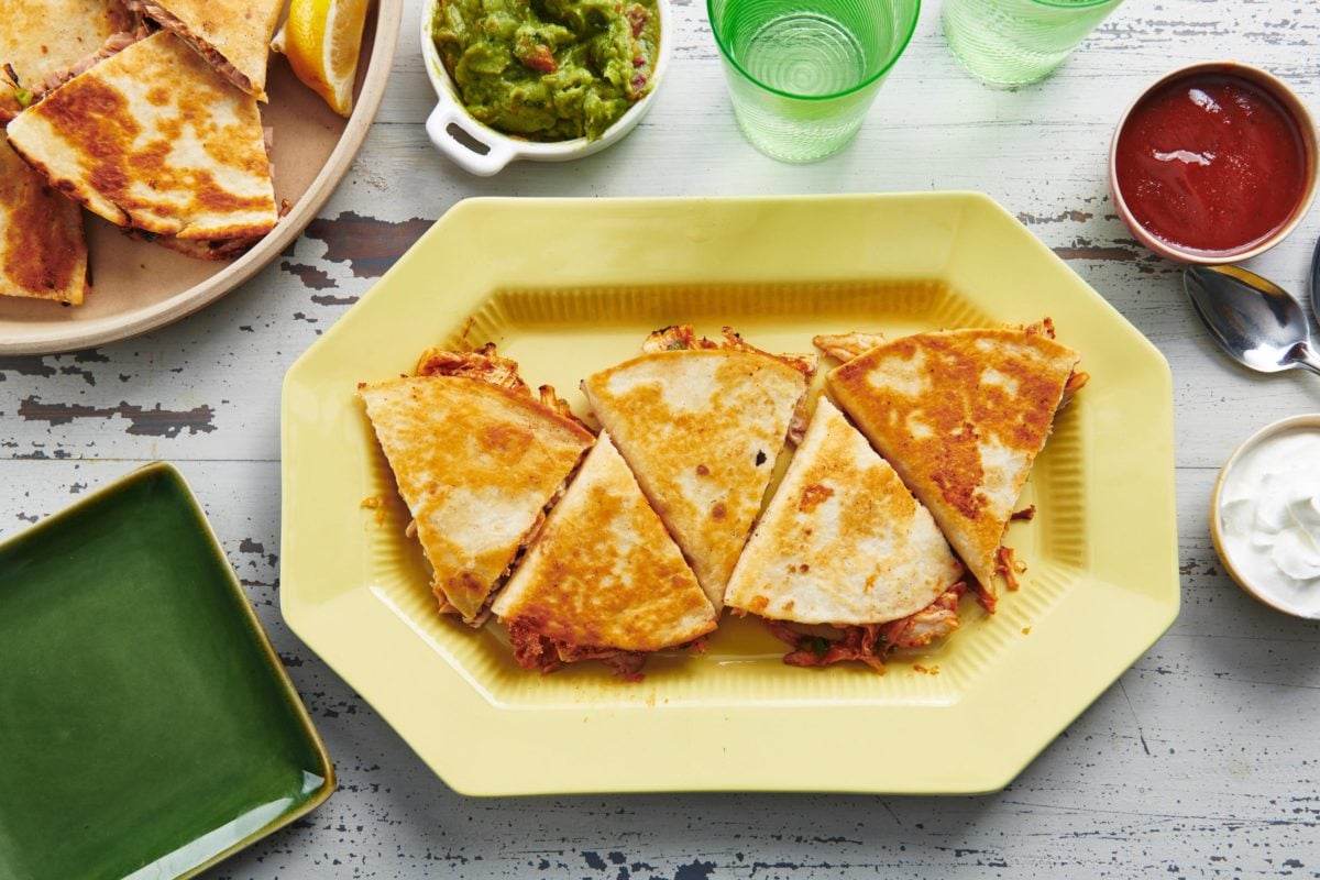 Barbecued Chicken Quesadillas arranged on a plate.