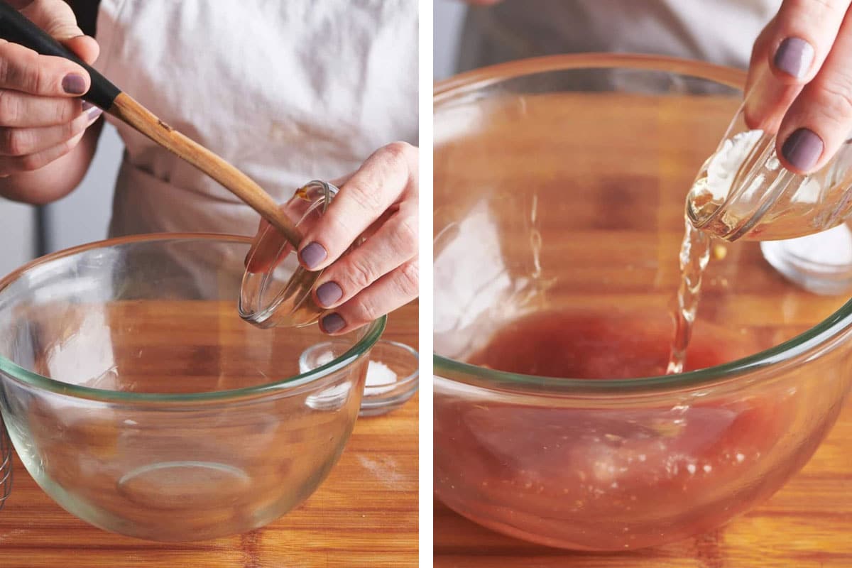 Woman adding mustard and vinegar to a bowl for vinaigrette.